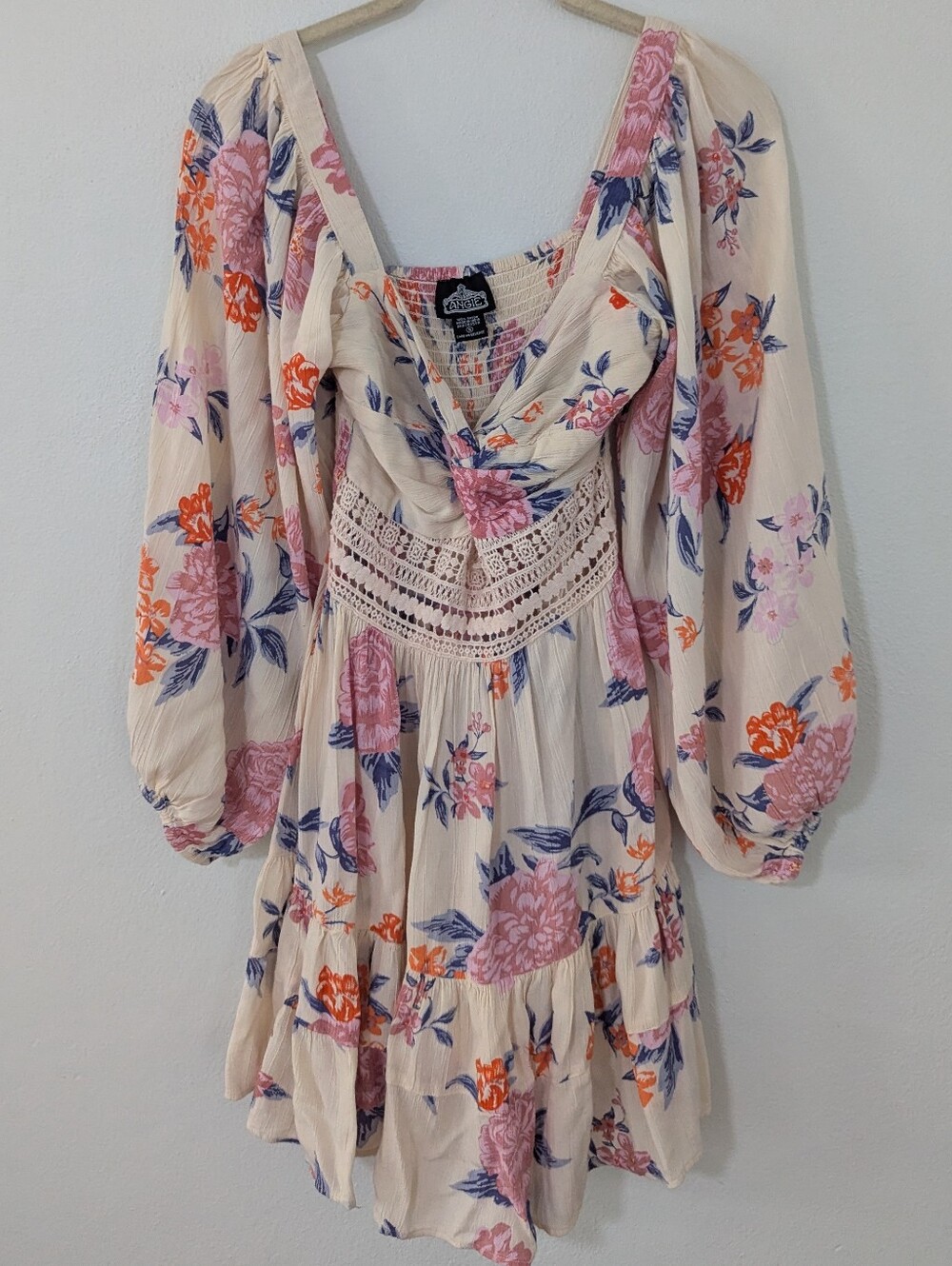 Angie Floral Print Midi Dress Cutout Neck Crochet Trim Puff Sleeve Pink Small S